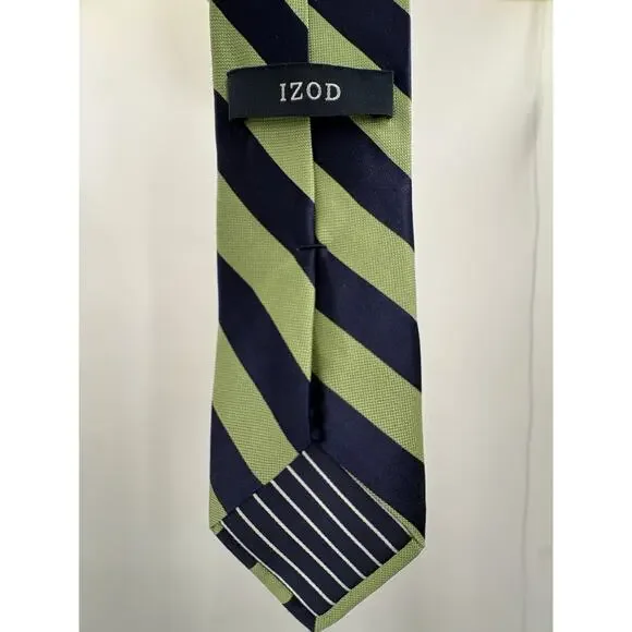 IZOD Silk Necktie Navy Green Repp Stripe Traditional Preppy Academia Classic - Picture 11 of 14